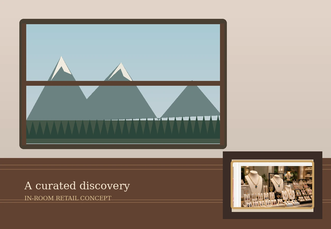 Concept rendering of curated THEIA jewelry in a cozy mountain cabin interior